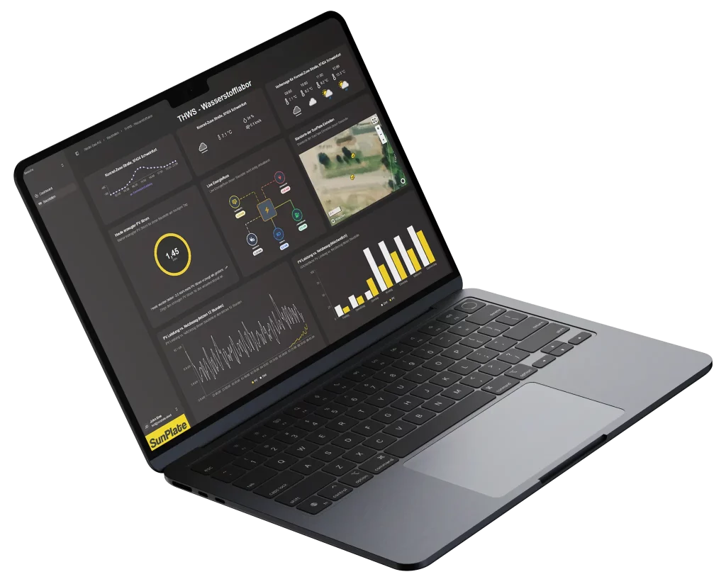 SunPlate EnergyGuard Software-Dashboard auf einem Laptop zur Echtzeit-Energiemessung.