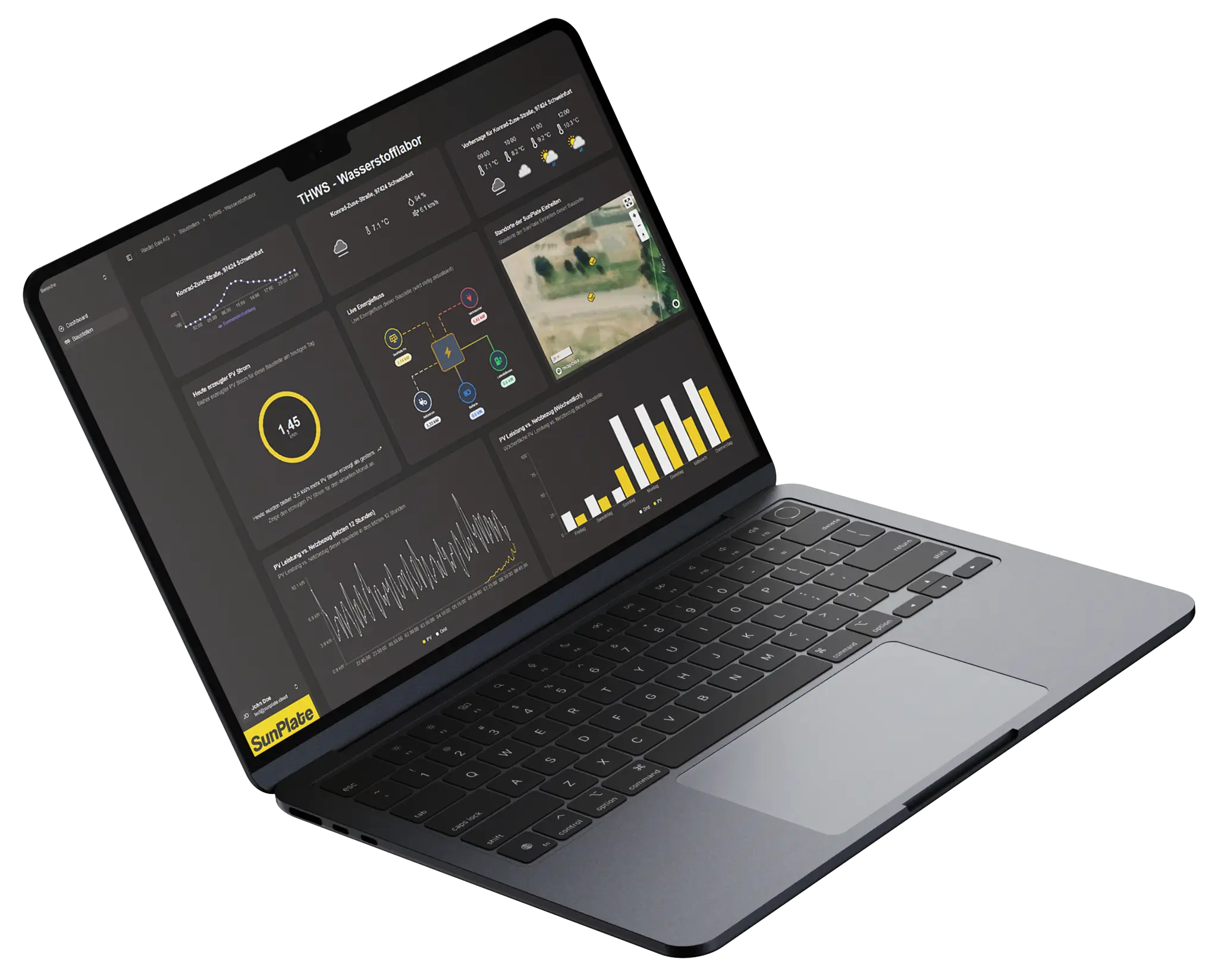 SunPlate EnergyGuard Software-Dashboard auf einem Laptop zur Echtzeit-Energiemessung.