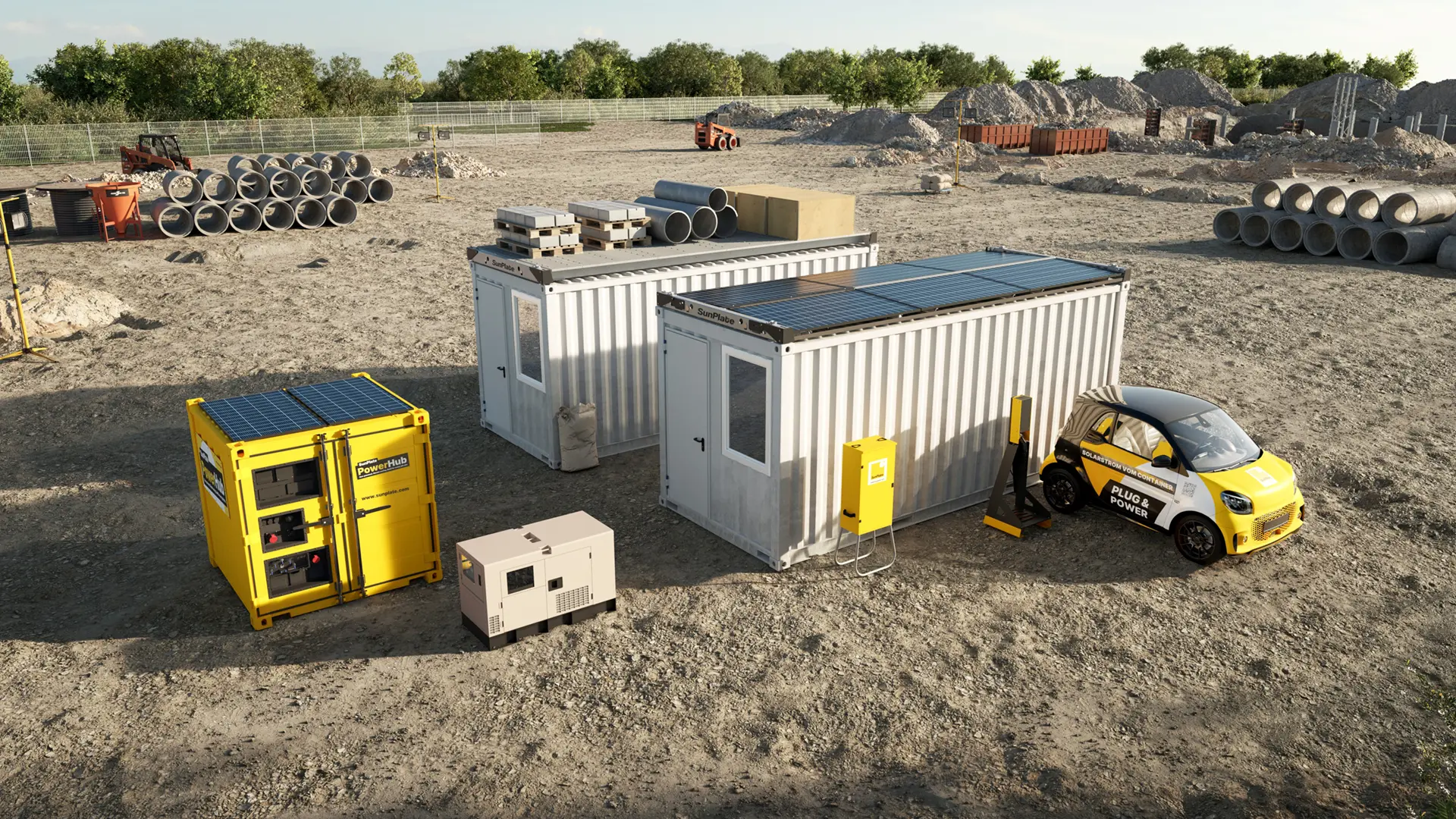 SunPlate Gesamtnetzwerk mit Solarcontainern, PowerHub Speicher und E-Ladestation.