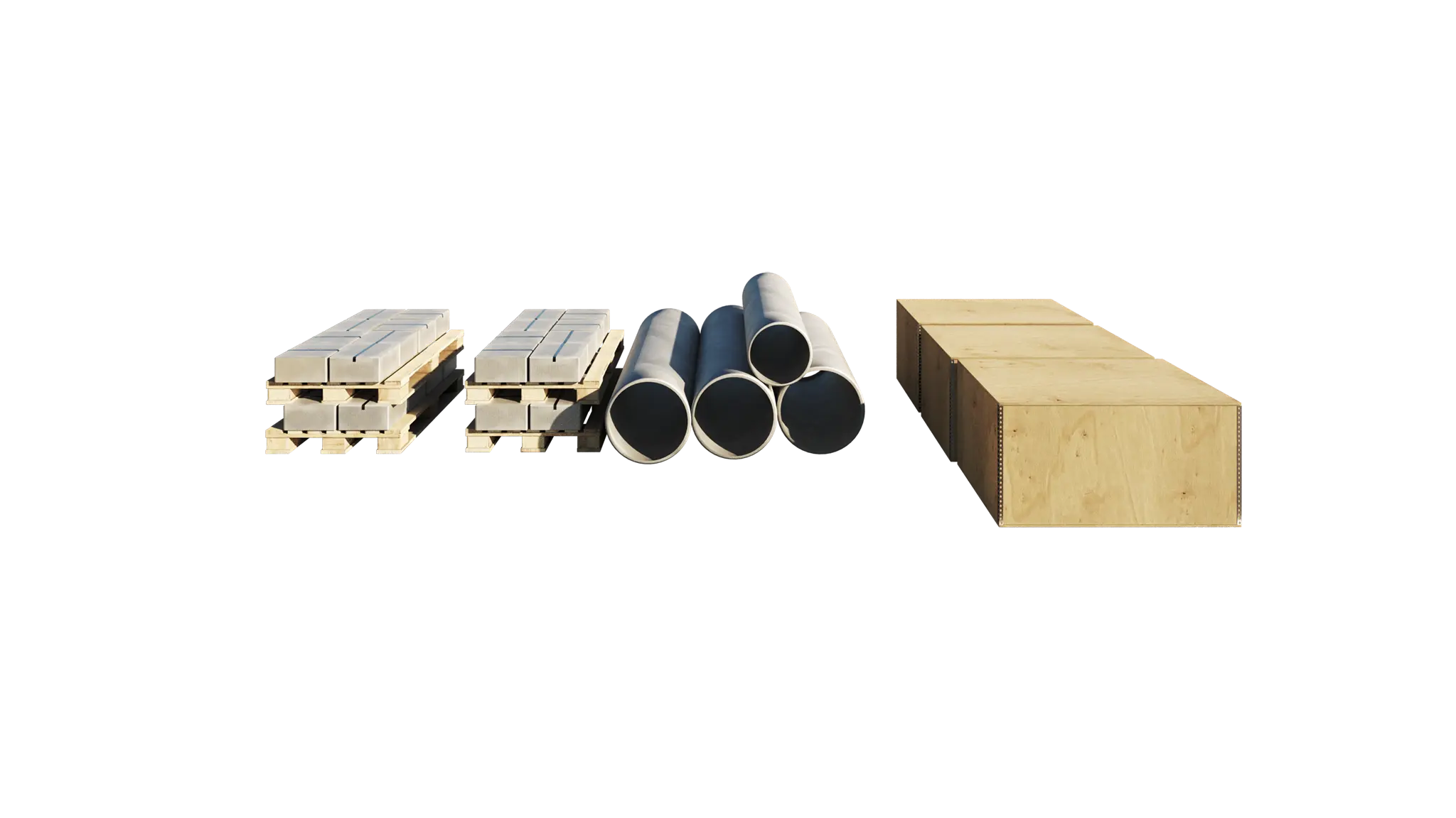 Baustellen-Materialien wie Betonsteine, Rohre und Holzkisten im Freisteller.