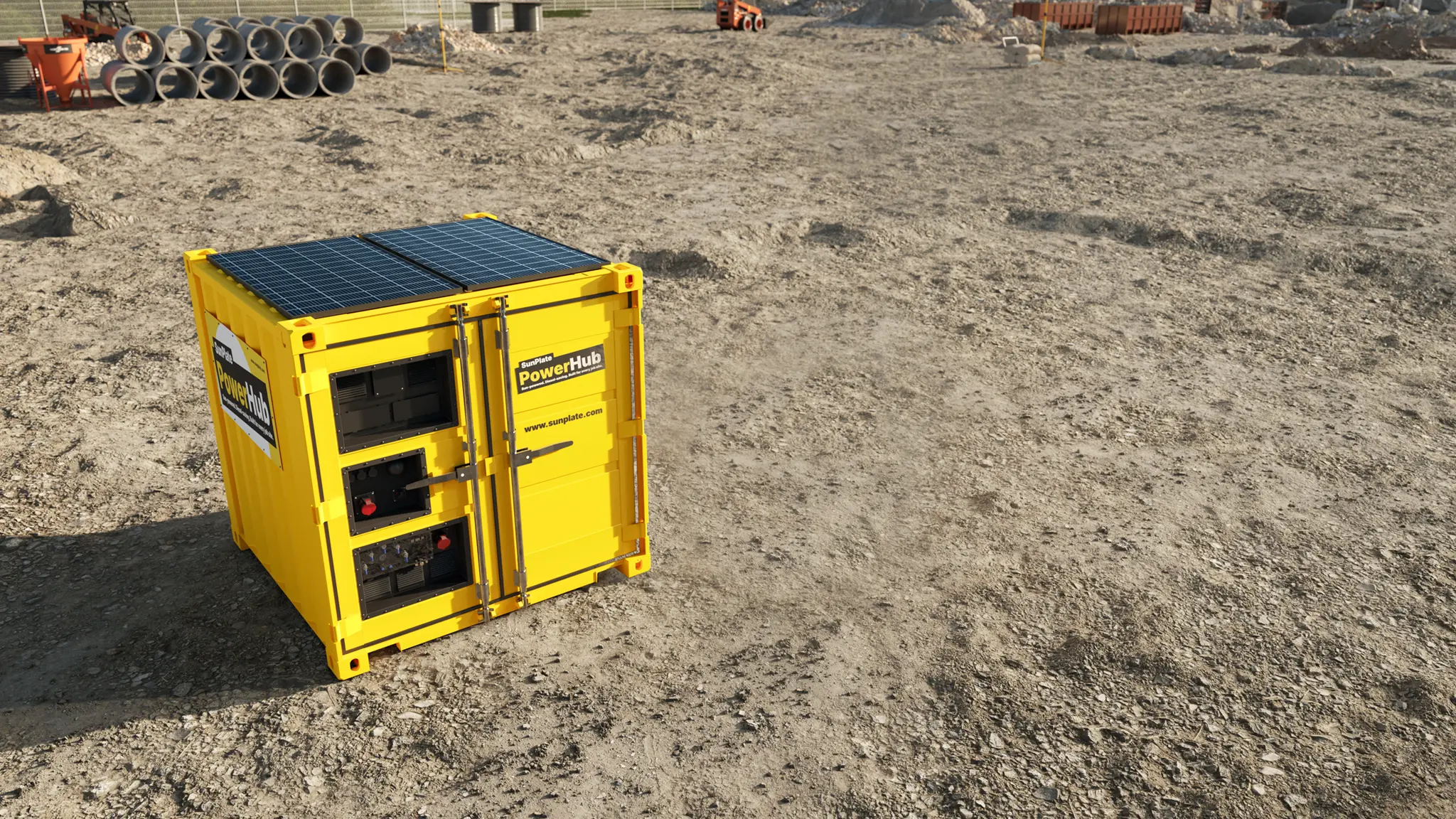 Gelber SunPlate PowerHub mit Solarmodul auf dem Dach im Einsatz auf einer Baustelle.