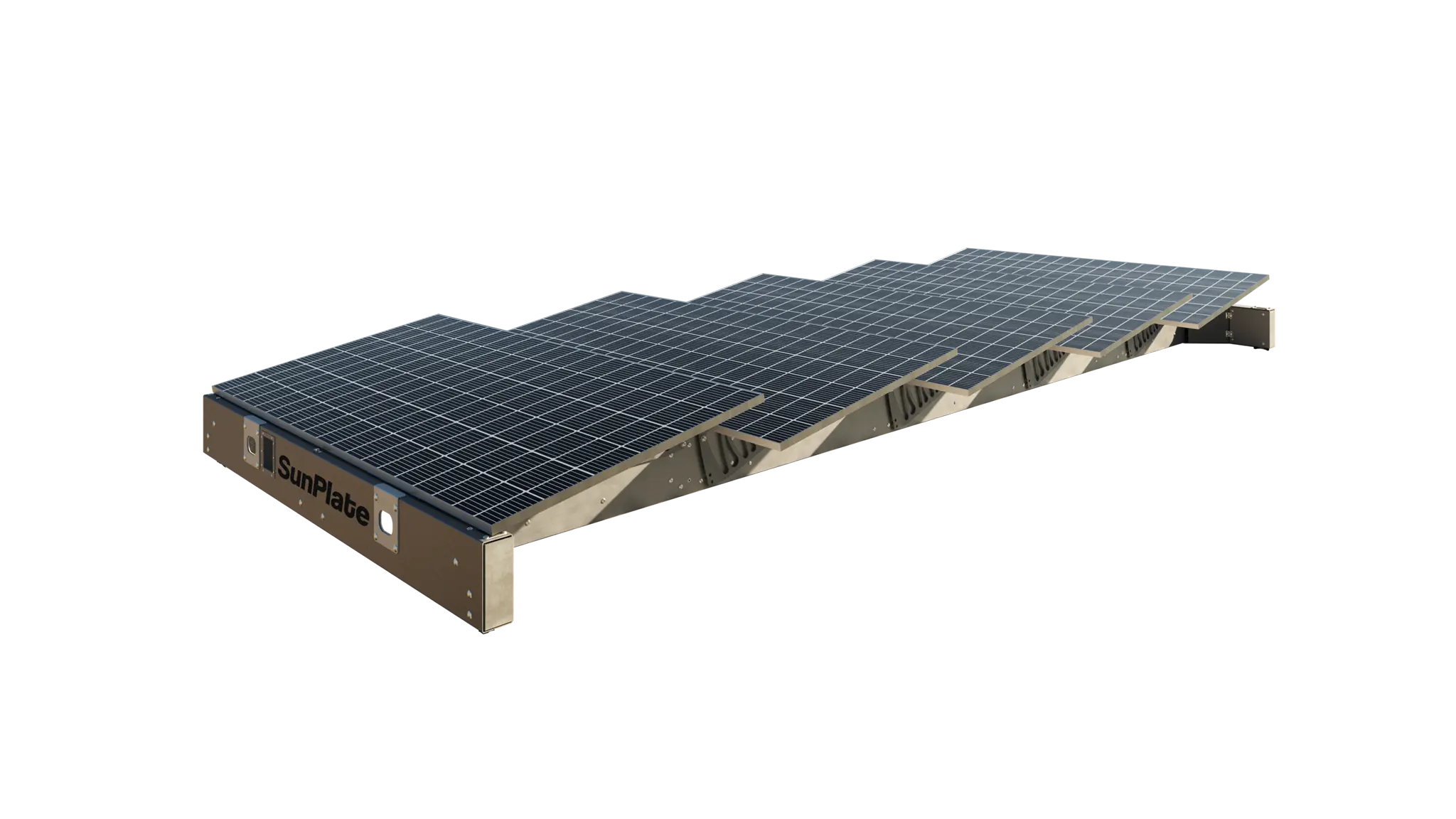 Mobile SunPlate Photovoltaikanlage mit gewinkelten Solarpanels für Container.