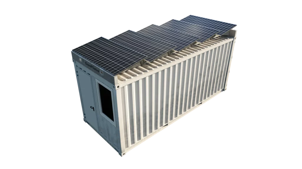 Montierte SunPlate Lite PV-Einheit mit Solarmodulen auf dem Dach eines Bürocontainers.