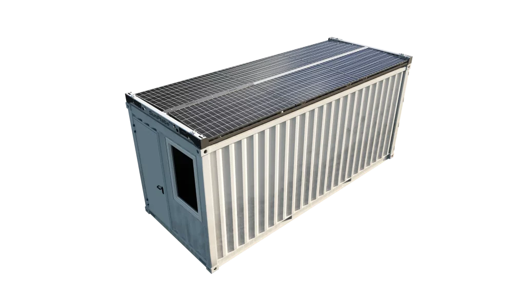 Freigestellter Bürocontainer mit flach aufliegenden SunPlate PV-Modulen.