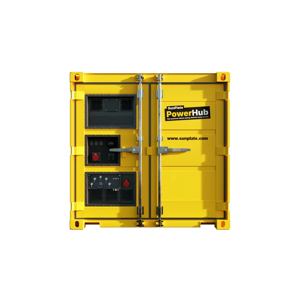 Gelber SunPlate PowerHub Container für mobilen Energiespeicher und Stromverteilung.