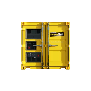 Gelber SunPlate PowerHub Container für mobilen Energiespeicher und Stromverteilung.
