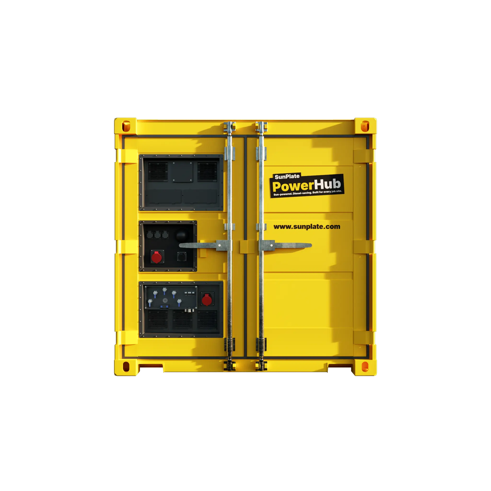 Gelber SunPlate PowerHub Container für mobilen Energiespeicher und Stromverteilung.