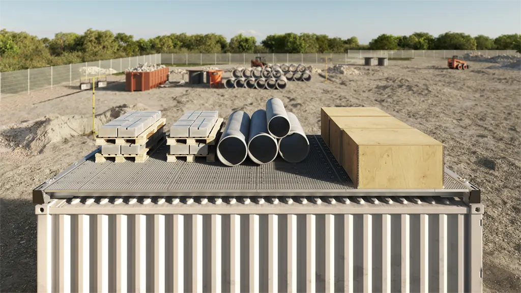 SunPlate StorageUnit Plattform beladen mit Baumaterialien auf einem Baustellencontainer.